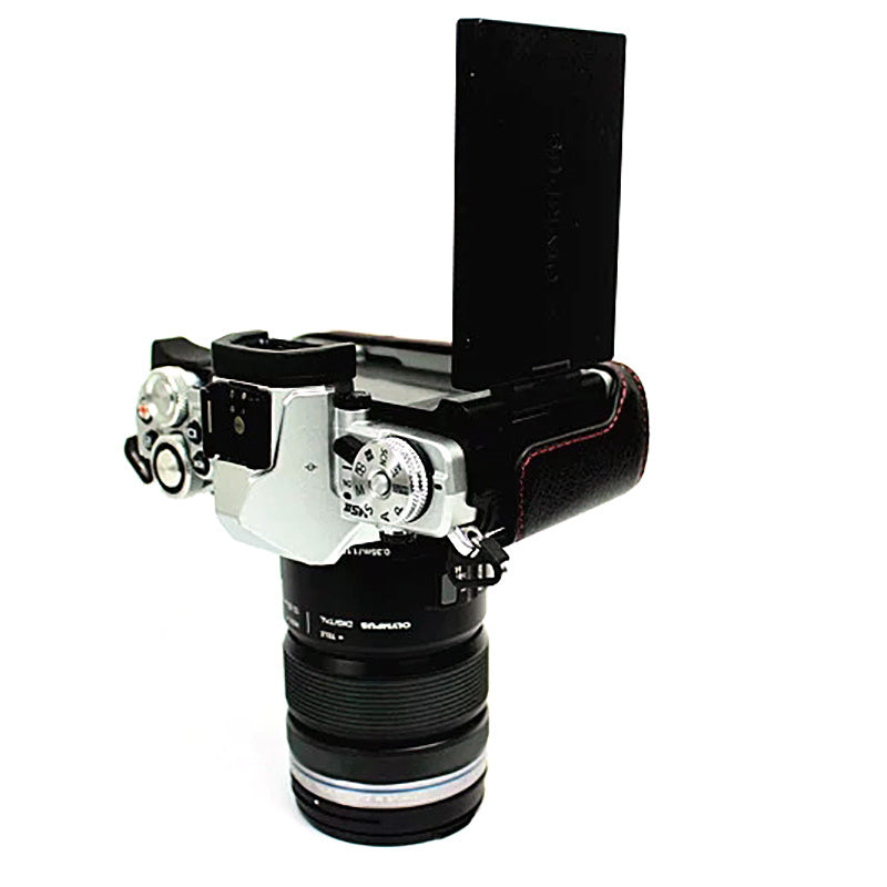 Uniqkart for Olympus E-M5 II/E-M5 Mark II Genuine Leather Half Body Case Battery Opening Protective Cover - Black