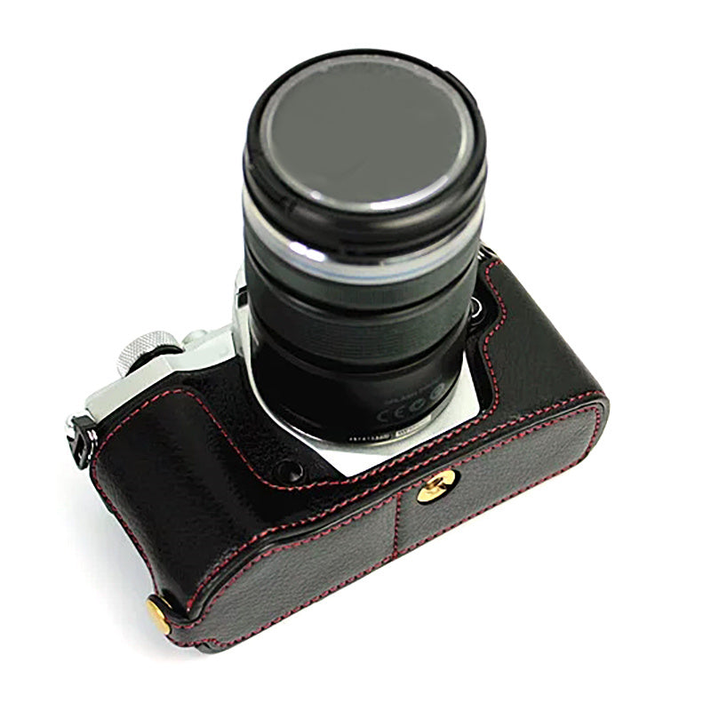 Uniqkart for Olympus E-M5 II/E-M5 Mark II Genuine Leather Half Body Case Battery Opening Protective Cover - Black