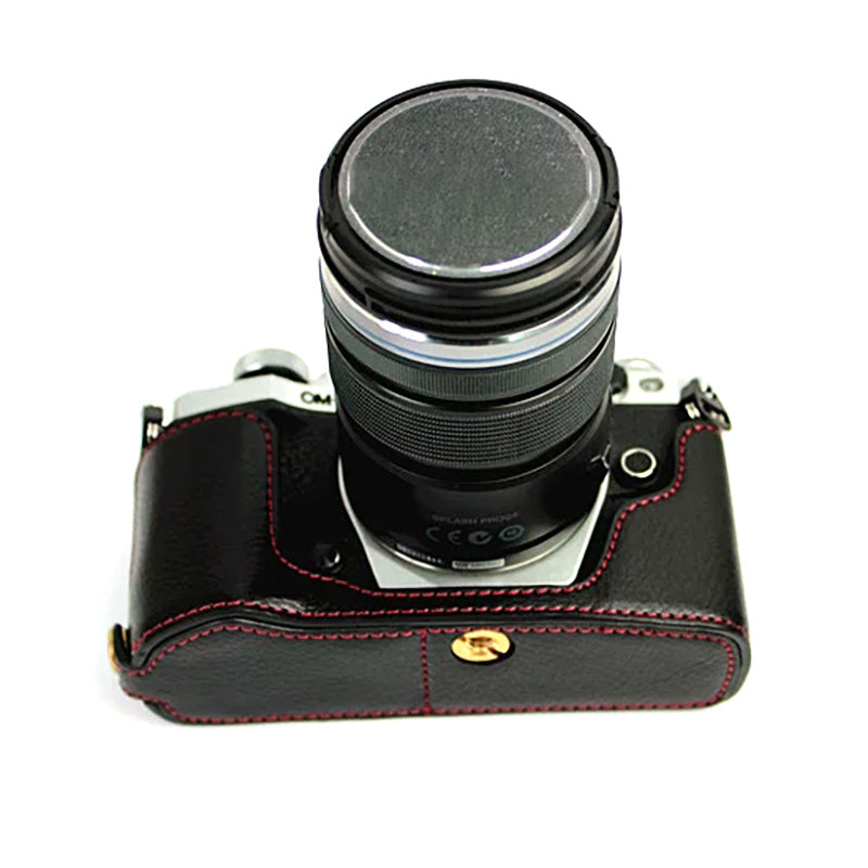 Uniqkart for Olympus E-M5 II/E-M5 Mark II Genuine Leather Half Body Case Battery Opening Protective Cover - Black