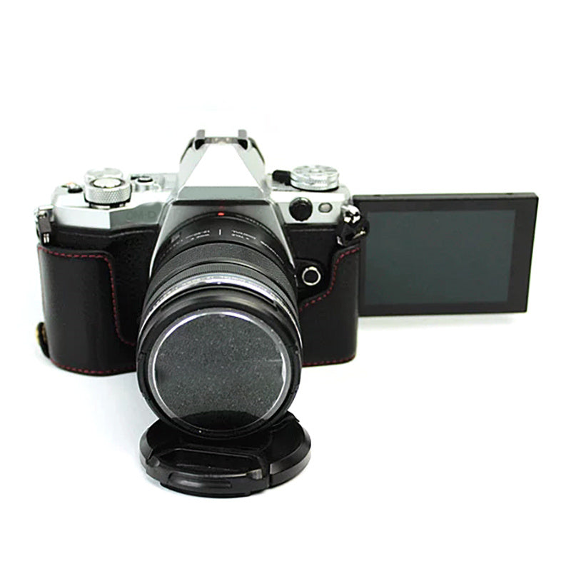 Uniqkart for Olympus E-M5 II/E-M5 Mark II Genuine Leather Half Body Case Battery Opening Protective Cover - Black