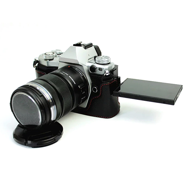 Uniqkart for Olympus E-M5 II/E-M5 Mark II Genuine Leather Half Body Case Battery Opening Protective Cover - Black