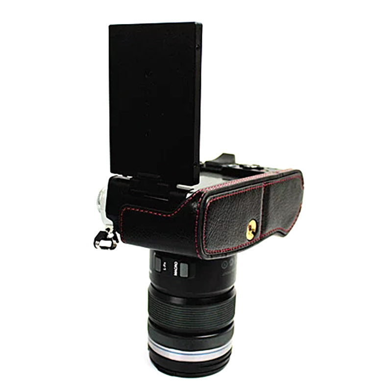 Uniqkart for Olympus E-M5 II/E-M5 Mark II Genuine Leather Half Body Case Battery Opening Protective Cover - Black