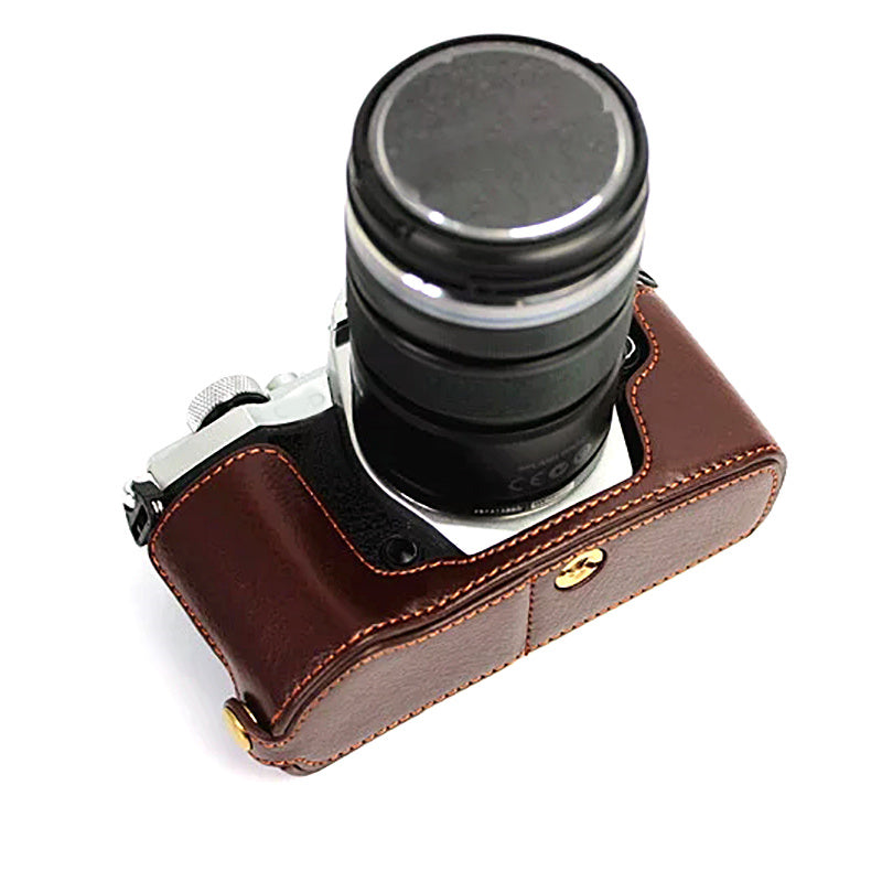 Uniqkart for Olympus E-M5 II/E-M5 Mark II Genuine Leather Half Body Case Battery Opening Protective Cover - Coffee