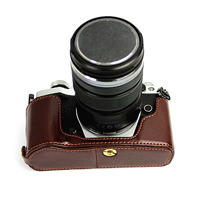 Uniqkart for Olympus E-M5 II/E-M5 Mark II Genuine Leather Half Body Case Battery Opening Protective Cover - Coffee