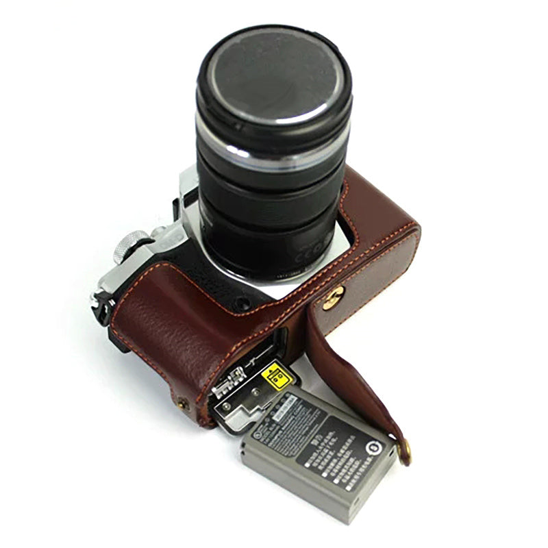 Uniqkart for Olympus E-M5 II/E-M5 Mark II Genuine Leather Half Body Case Battery Opening Protective Cover - Coffee