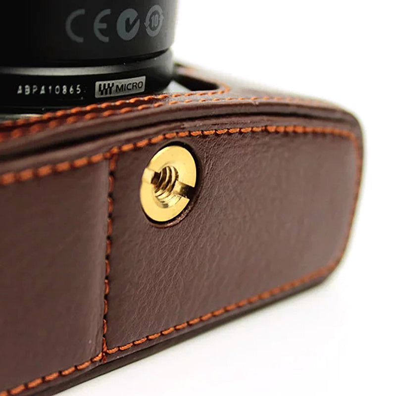 Uniqkart for Olympus E-M5 II/E-M5 Mark II Genuine Leather Half Body Case Battery Opening Protective Cover - Coffee