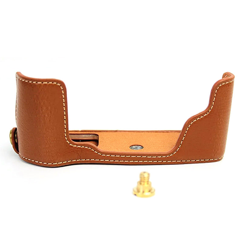 Uniqkart for Olympus E-M5 II/E-M5 Mark II Genuine Leather Half Body Case Battery Opening Protective Cover - Brown