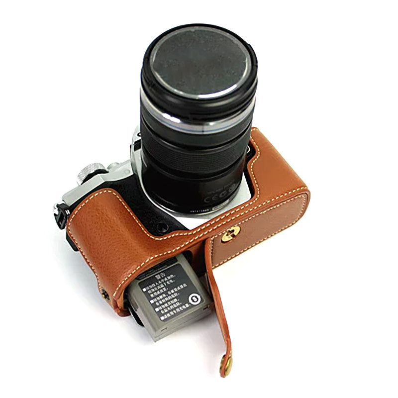 Uniqkart for Olympus E-M5 II/E-M5 Mark II Genuine Leather Half Body Case Battery Opening Protective Cover - Brown