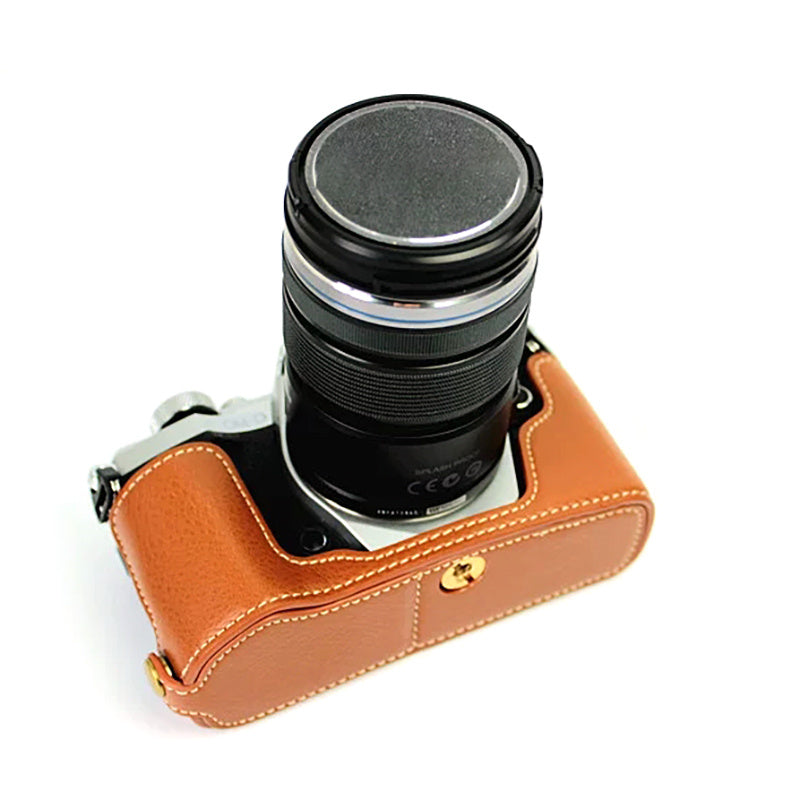 Uniqkart for Olympus E-M5 II/E-M5 Mark II Genuine Leather Half Body Case Battery Opening Protective Cover - Brown