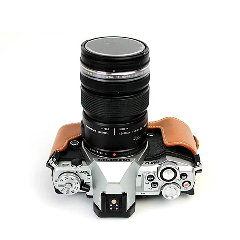 Uniqkart for Olympus E-M5 II/E-M5 Mark II Genuine Leather Half Body Case Battery Opening Protective Cover - Brown