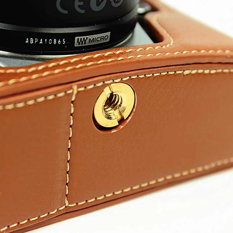 Uniqkart for Olympus E-M5 II/E-M5 Mark II Genuine Leather Half Body Case Battery Opening Protective Cover - Brown