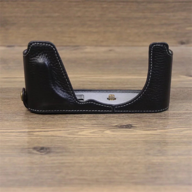 Uniqkart for Leica CL Genuine Leather Half Body Case Battery Opening Protective Cover - Black