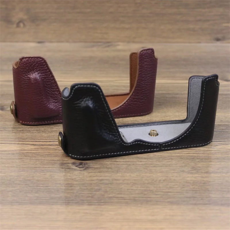 Uniqkart for Leica CL Genuine Leather Half Body Case Battery Opening Protective Cover - Coffee