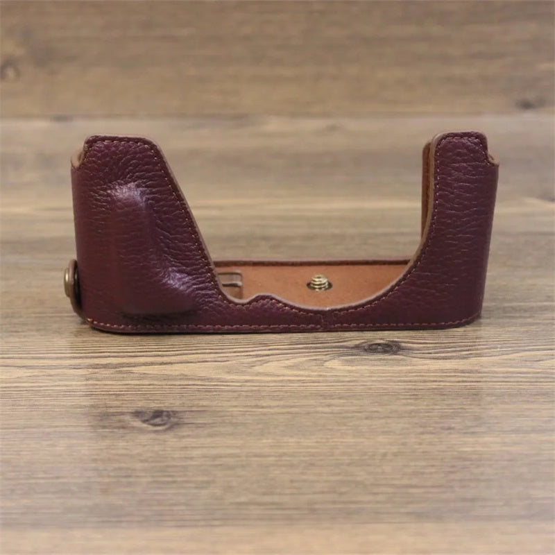 Uniqkart for Leica CL Genuine Leather Half Body Case Battery Opening Protective Cover - Coffee