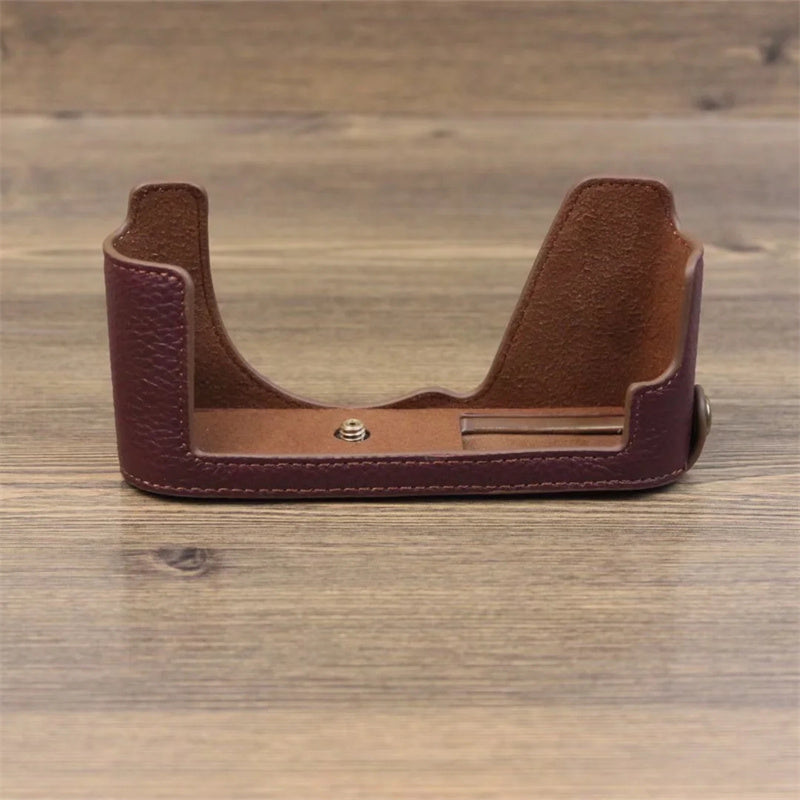 Uniqkart for Leica CL Genuine Leather Half Body Case Battery Opening Protective Cover - Coffee