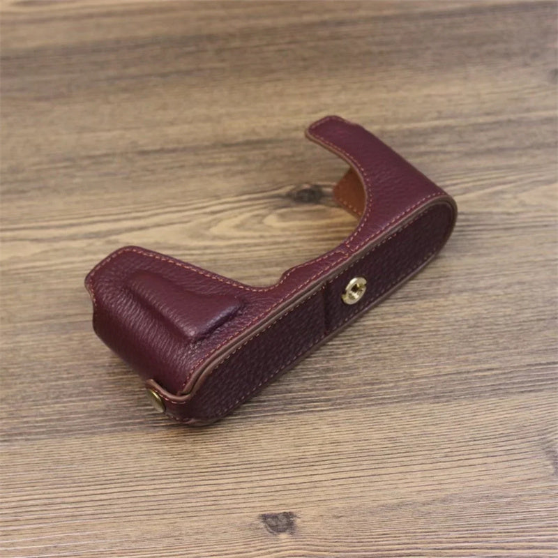 Uniqkart for Leica CL Genuine Leather Half Body Case Battery Opening Protective Cover - Coffee