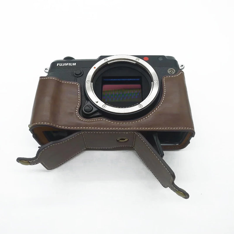 Uniqkart for Fujifilm GFX50R PU Leather Half Body Bottom Case Protective Cover with Battery Opening Design - Coffee