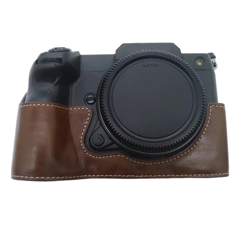 Uniqkart for Fujifilm GFX100S / 50S II PU Leather Camera Case Battery Opening Design Half Body Protective Cover - Coffee