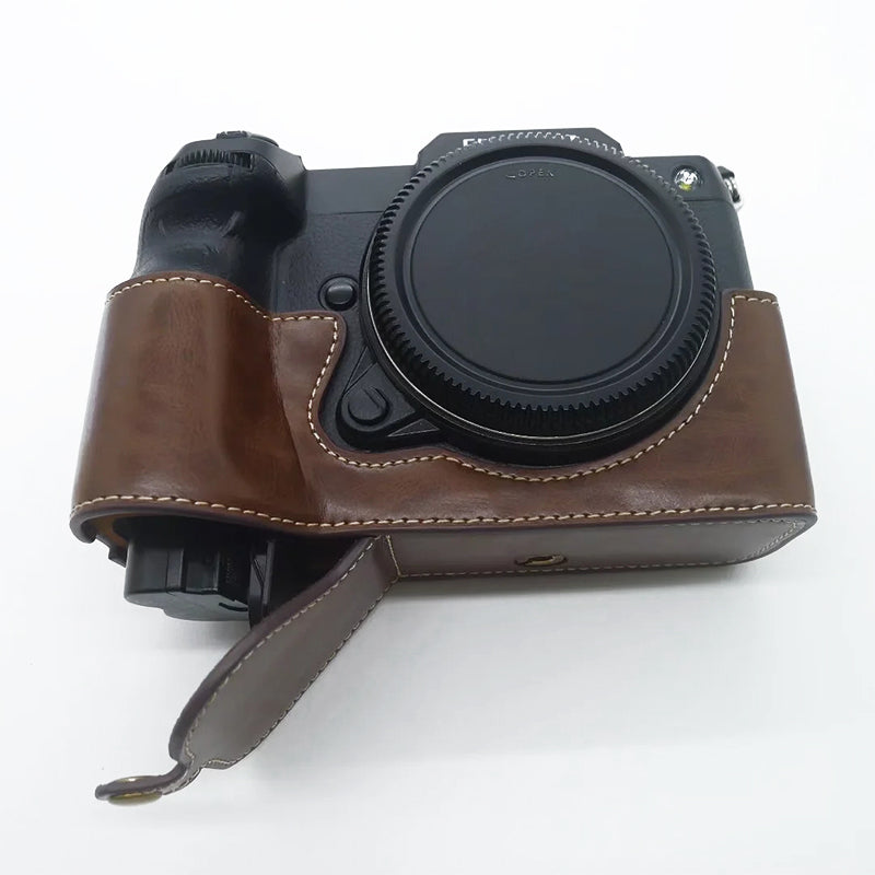 Uniqkart for Fujifilm GFX100S / 50S II PU Leather Camera Case Battery Opening Design Half Body Protective Cover - Coffee