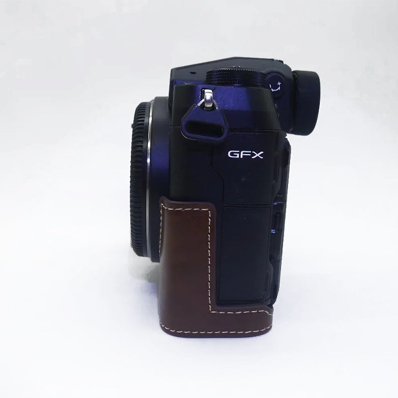 Uniqkart for Fujifilm GFX100S / 50S II PU Leather Camera Case Battery Opening Design Half Body Protective Cover - Coffee