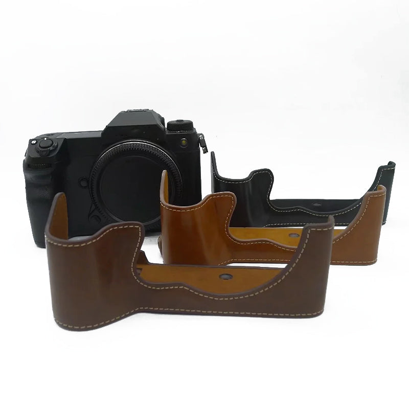 Uniqkart for Fujifilm GFX100S / 50S II PU Leather Camera Case Battery Opening Design Half Body Protective Cover - Coffee