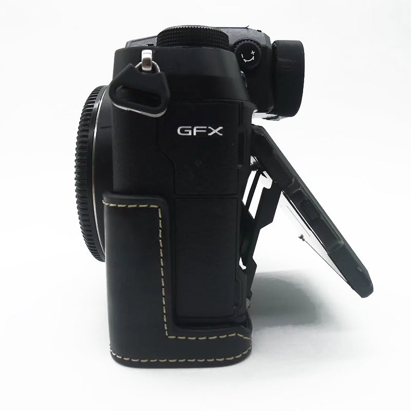 Uniqkart for Fujifilm GFX100S / 50S II PU Leather Camera Case Battery Opening Design Half Body Protective Cover - Black