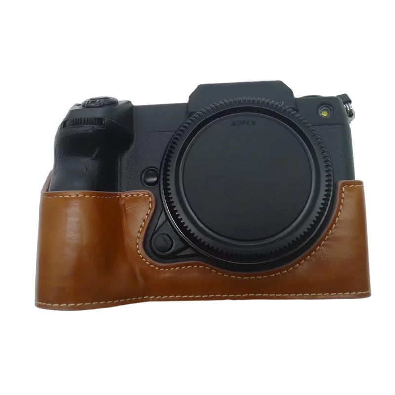 Uniqkart for Fujifilm GFX100S / 50S II PU Leather Camera Case Battery Opening Design Half Body Protective Cover - Brown