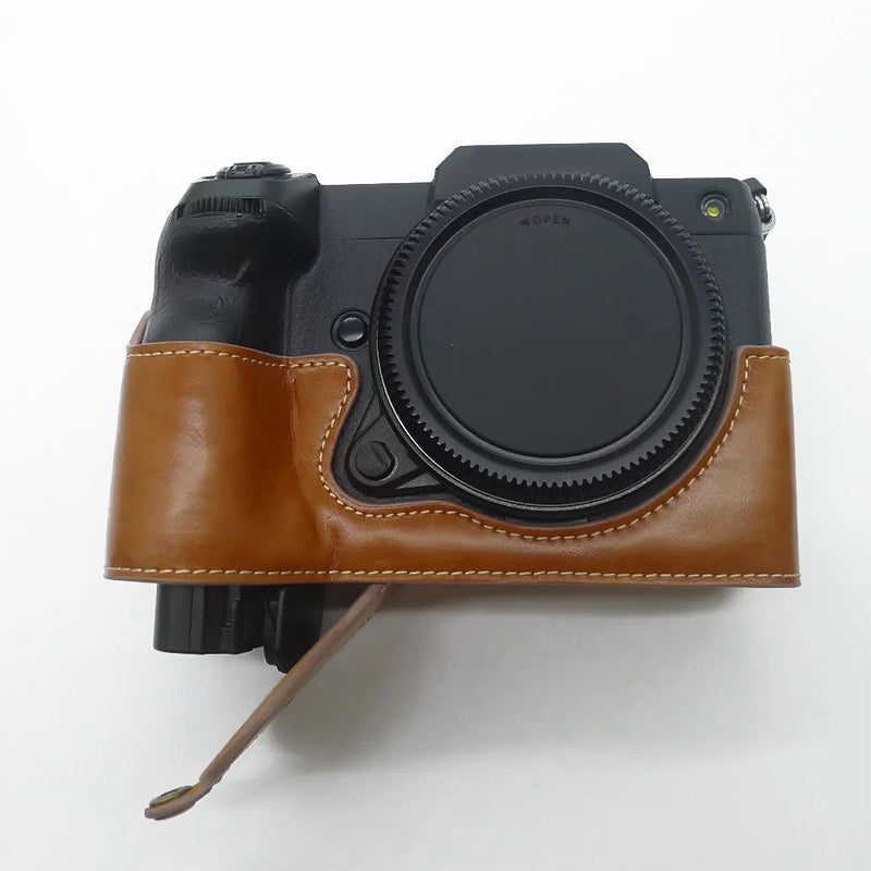 Uniqkart for Fujifilm GFX100S / 50S II PU Leather Camera Case Battery Opening Design Half Body Protective Cover - Brown