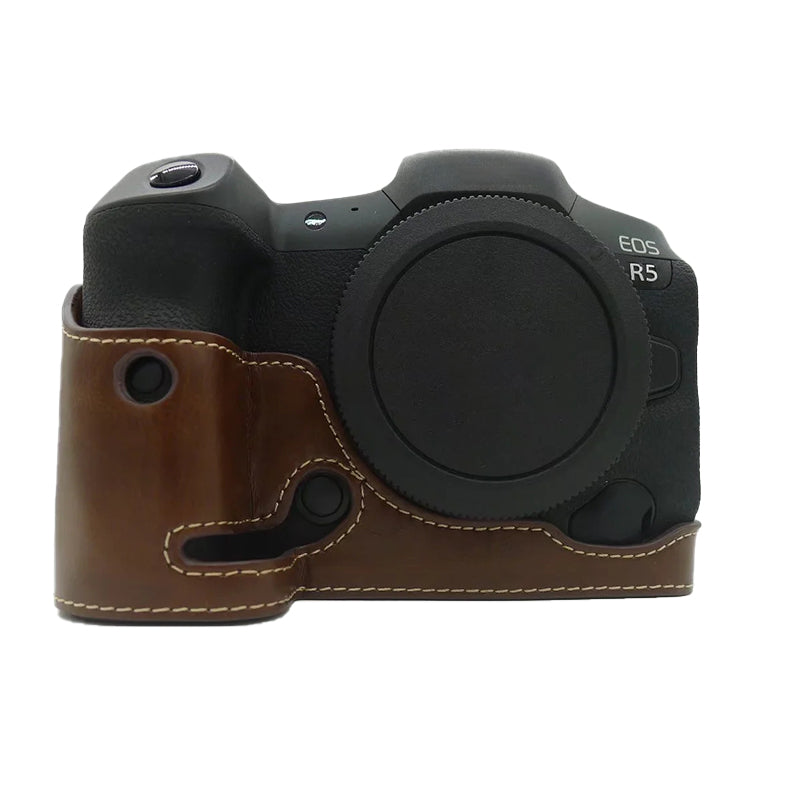 Uniqkart for Canon EOS R5 / R6 PU Leather Camera Bottom Case Battery Opening Design Protective Half Body Cover - Coffee
