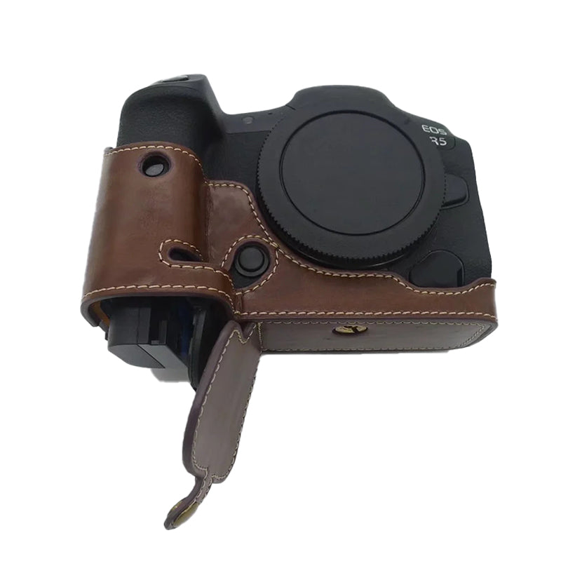 Uniqkart for Canon EOS R5 / R6 PU Leather Camera Bottom Case Battery Opening Design Protective Half Body Cover - Coffee