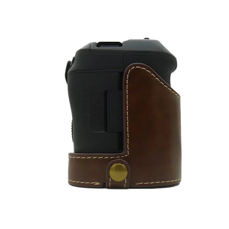 Uniqkart for Canon EOS R5 / R6 PU Leather Camera Bottom Case Battery Opening Design Protective Half Body Cover - Coffee