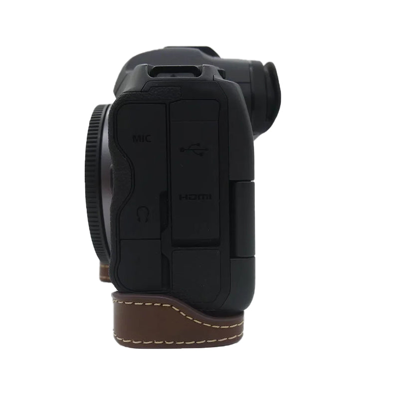 Uniqkart for Canon EOS R5 / R6 PU Leather Camera Bottom Case Battery Opening Design Protective Half Body Cover - Coffee