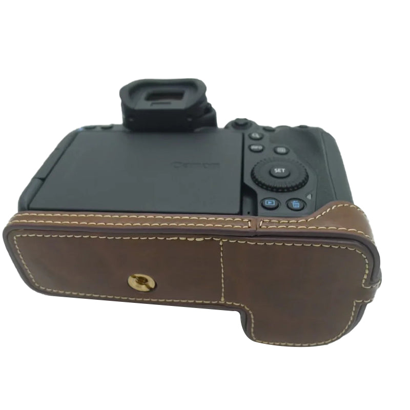 Uniqkart for Canon EOS R5 / R6 PU Leather Camera Bottom Case Battery Opening Design Protective Half Body Cover - Coffee