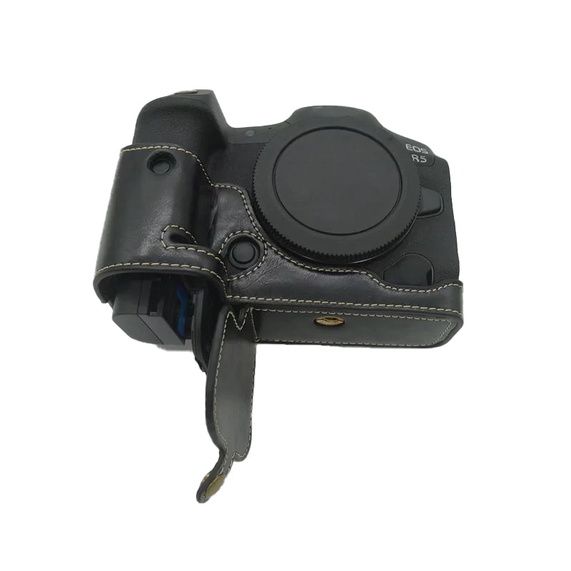 Uniqkart for Canon EOS R5 / R6 PU Leather Camera Bottom Case Battery Opening Design Protective Half Body Cover - Black