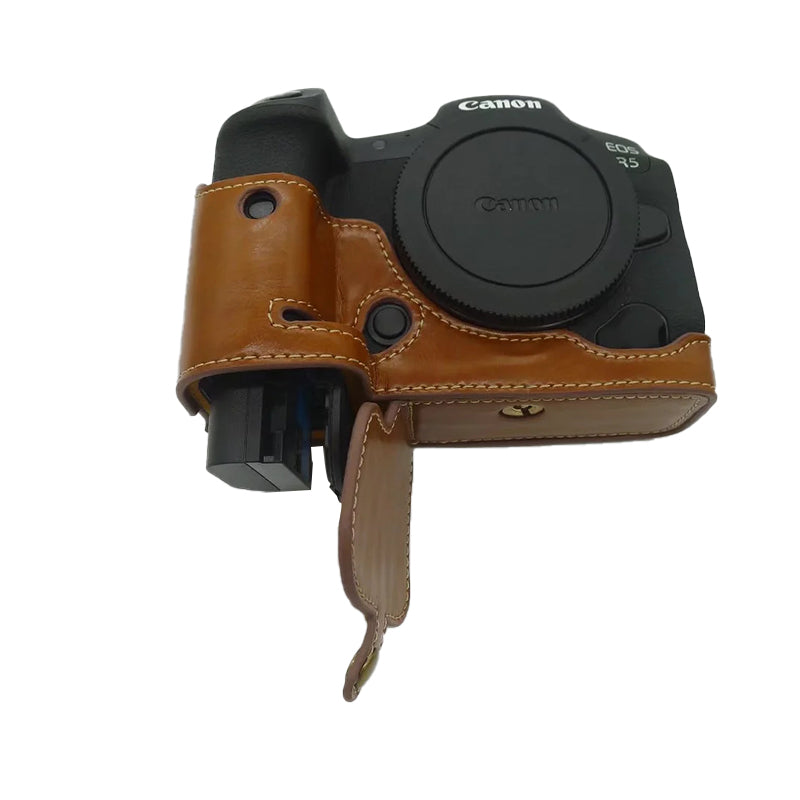 Uniqkart for Canon EOS R5 / R6 PU Leather Camera Bottom Case Battery Opening Design Protective Half Body Cover - Brown