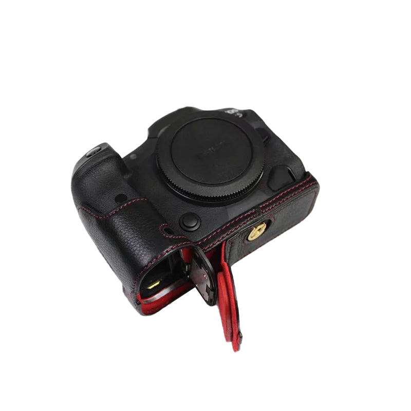 Top Layer Cowhide Camera Bottom Case for Canon EOS R5 / R6 / R62 Battery Opening Design Protective Half Body Cover - Black