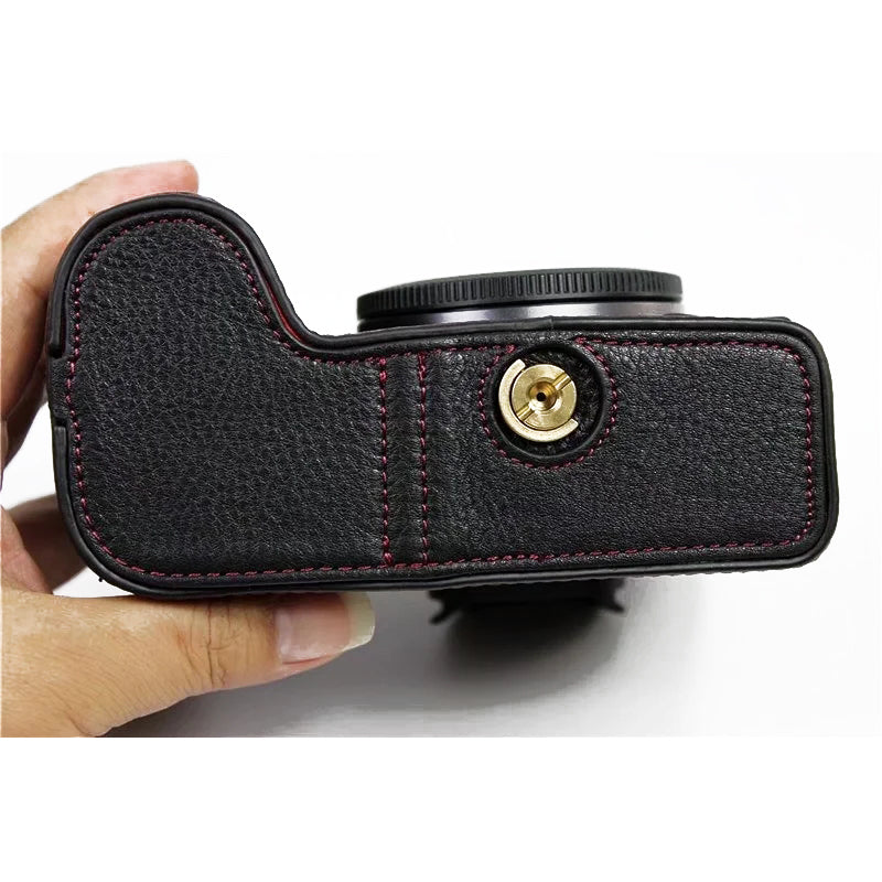 Top Layer Cowhide Camera Bottom Case for Canon EOS R5 / R6 / R62 Battery Opening Design Protective Half Body Cover - Black