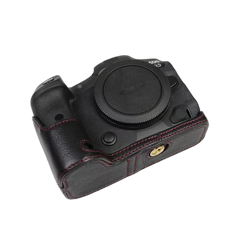 Top Layer Cowhide Camera Bottom Case for Canon EOS R5 / R6 / R62 Battery Opening Design Protective Half Body Cover - Black