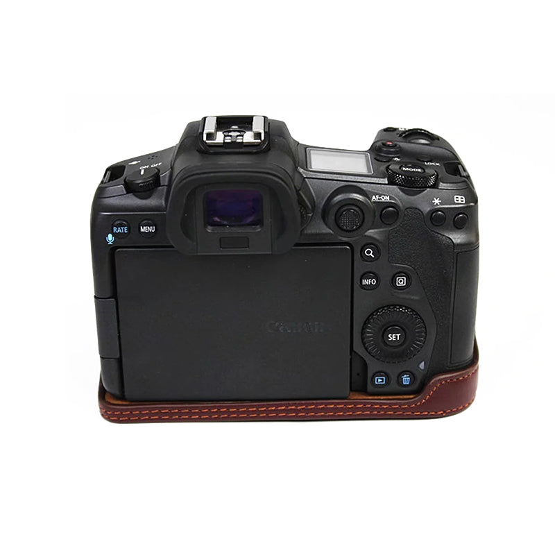 Top Layer Cowhide Camera Bottom Case for Canon EOS R5 / R6 / R62 Battery Opening Design Protective Half Body Cover - Coffee