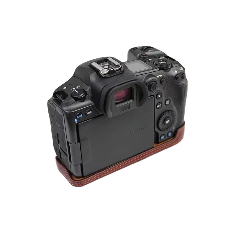 Top Layer Cowhide Camera Bottom Case for Canon EOS R5 / R6 / R62 Battery Opening Design Protective Half Body Cover - Coffee