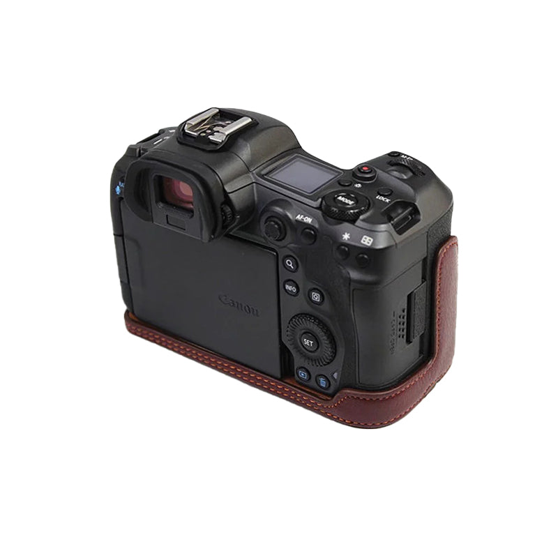 Top Layer Cowhide Camera Bottom Case for Canon EOS R5 / R6 / R62 Battery Opening Design Protective Half Body Cover - Coffee