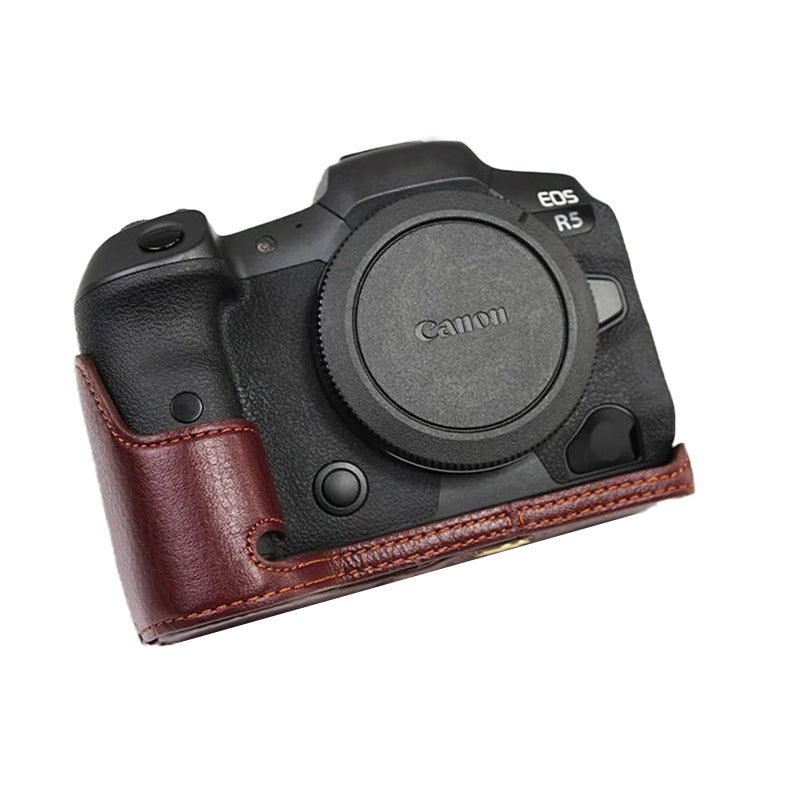 Top Layer Cowhide Camera Bottom Case for Canon EOS R5 / R6 / R62 Battery Opening Design Protective Half Body Cover - Coffee