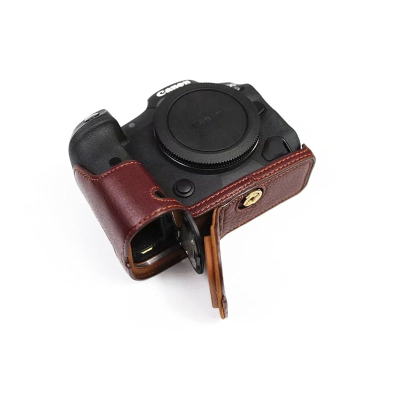 Top Layer Cowhide Camera Bottom Case for Canon EOS R5 / R6 / R62 Battery Opening Design Protective Half Body Cover - Coffee