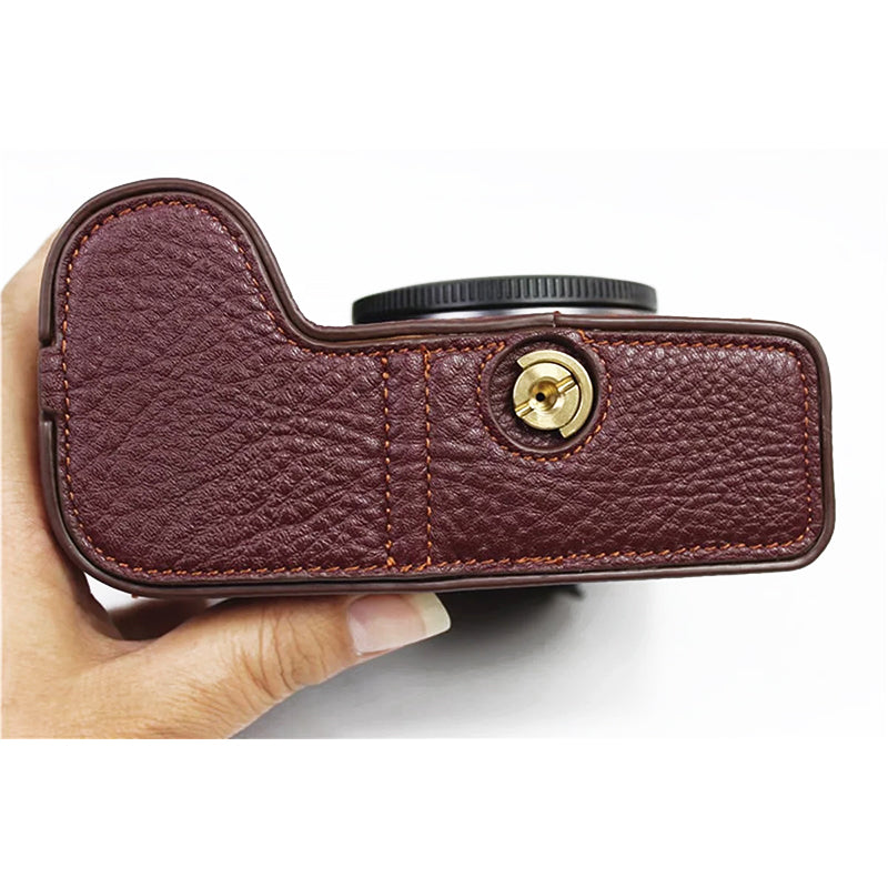 Top Layer Cowhide Camera Bottom Case for Canon EOS R5 / R6 / R62 Battery Opening Design Protective Half Body Cover - Coffee
