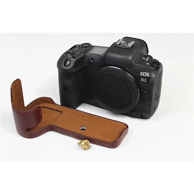 Top Layer Cowhide Camera Bottom Case for Canon EOS R5 / R6 / R62 Battery Opening Design Protective Half Body Cover - Coffee