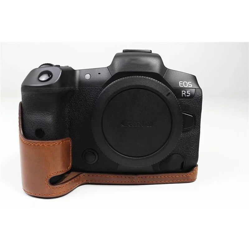 Uniqkart for Canon EOS R5 / R6 / R62 PU Leather Camera Bottom Case Battery Opening Design Flannel Lining Protective Half Body Cover - Coffee