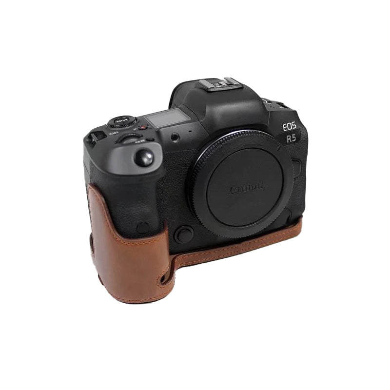 Uniqkart for Canon EOS R5 / R6 / R62 PU Leather Camera Bottom Case Battery Opening Design Flannel Lining Protective Half Body Cover - Coffee