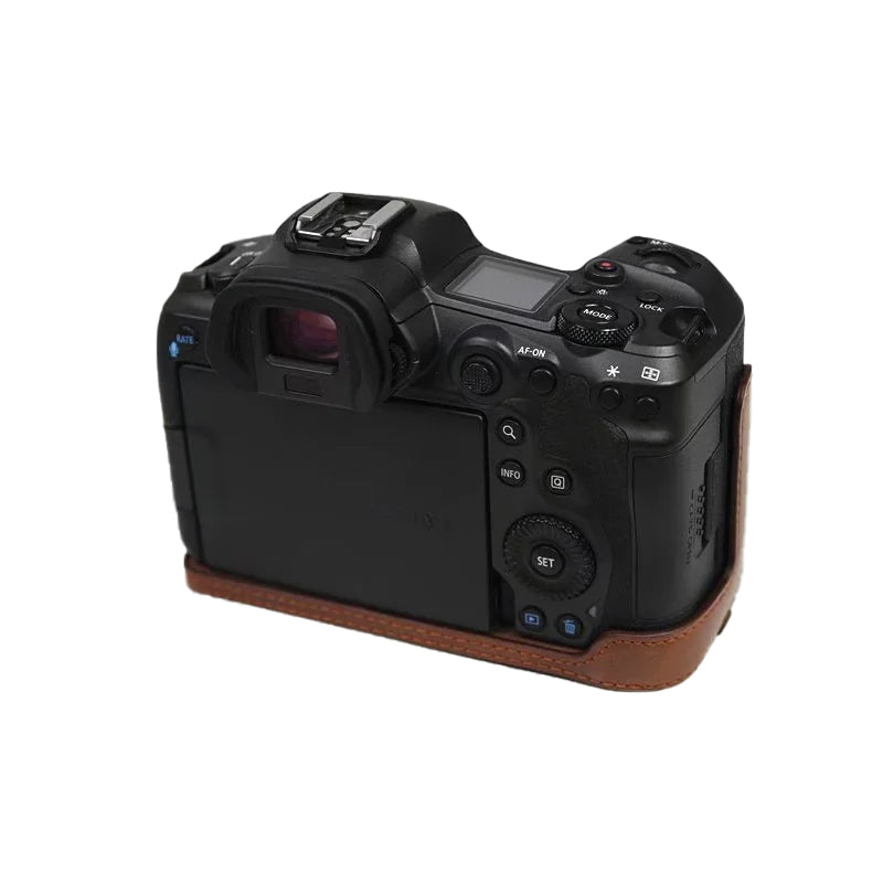 Uniqkart for Canon EOS R5 / R6 / R62 PU Leather Camera Bottom Case Battery Opening Design Flannel Lining Protective Half Body Cover - Coffee
