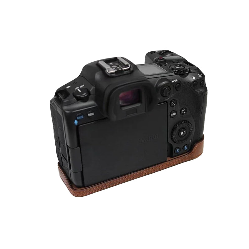 Uniqkart for Canon EOS R5 / R6 / R62 PU Leather Camera Bottom Case Battery Opening Design Flannel Lining Protective Half Body Cover - Coffee