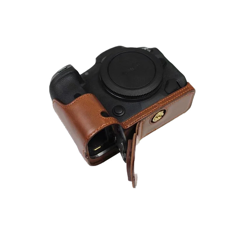 Uniqkart for Canon EOS R5 / R6 / R62 PU Leather Camera Bottom Case Battery Opening Design Flannel Lining Protective Half Body Cover - Coffee